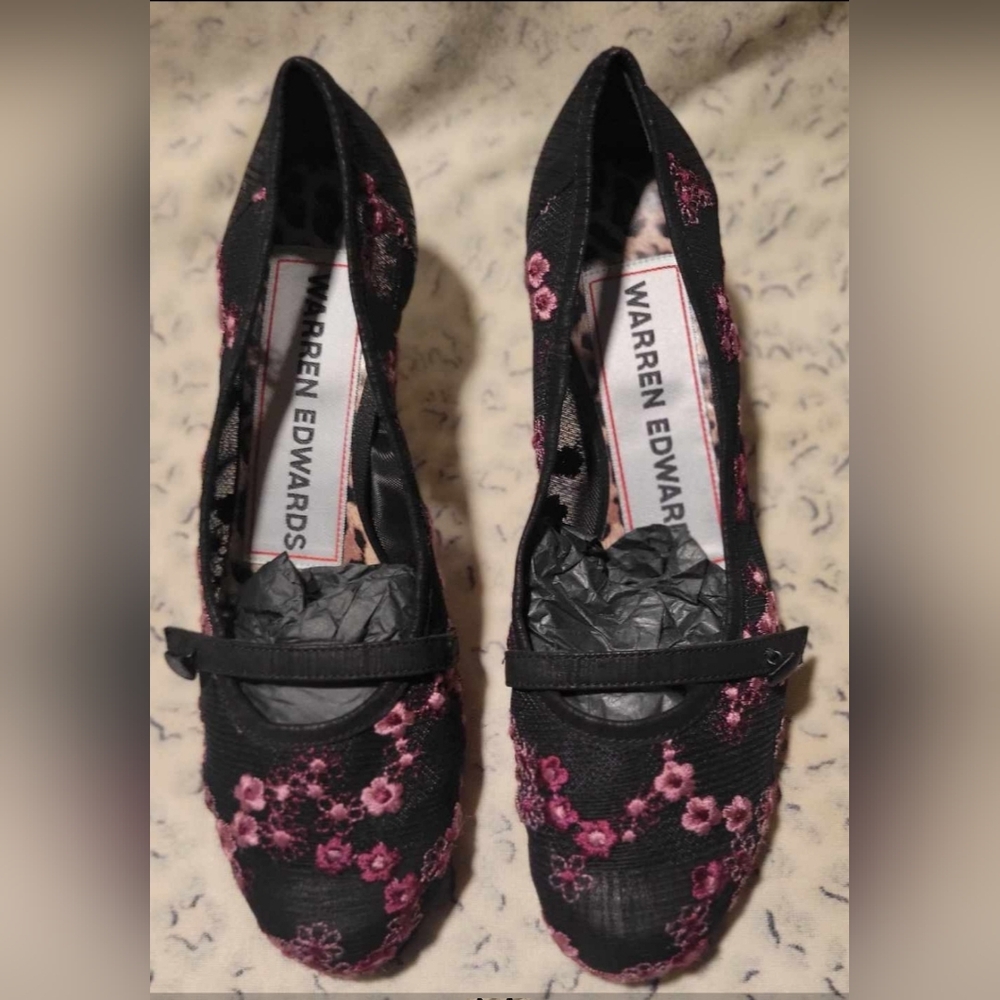 Gallery image 1 for Warren Edwards Mesh Kitten Heels w/Floral Embroidery