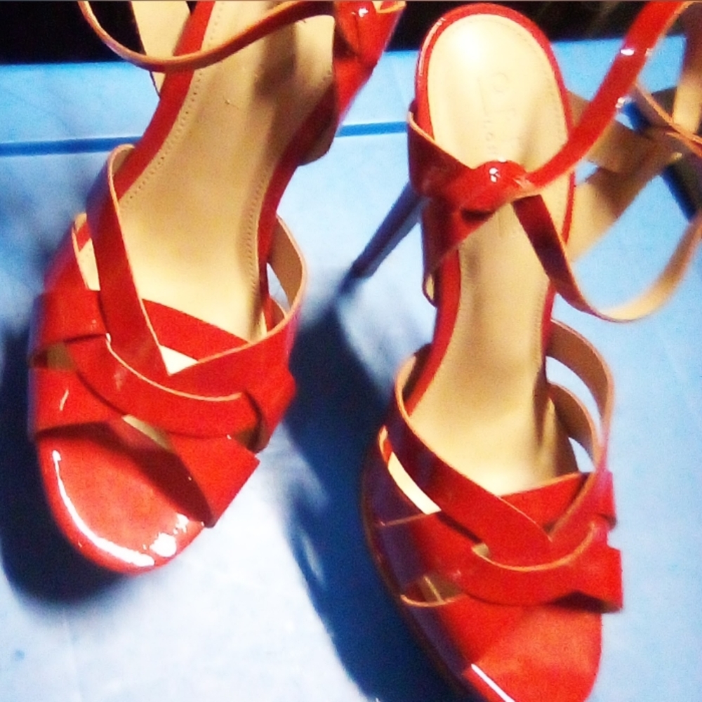 Gallery image 5 for OFFICE LONDON Red Patent Leather Strappy Platform Sandals