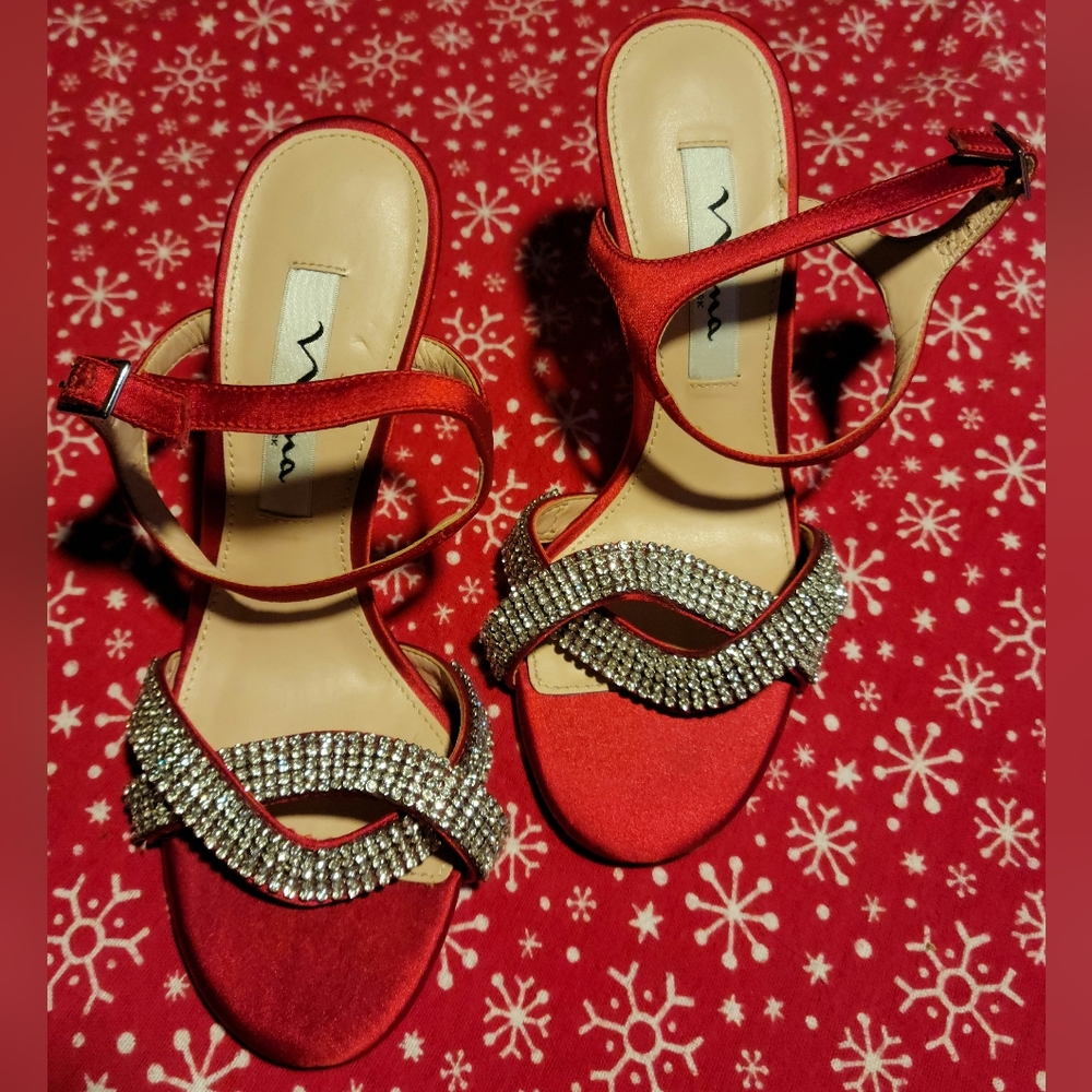 Gallery image 1 for Nina New York Satin Heels with Rhinestone Embellished Toe Straps