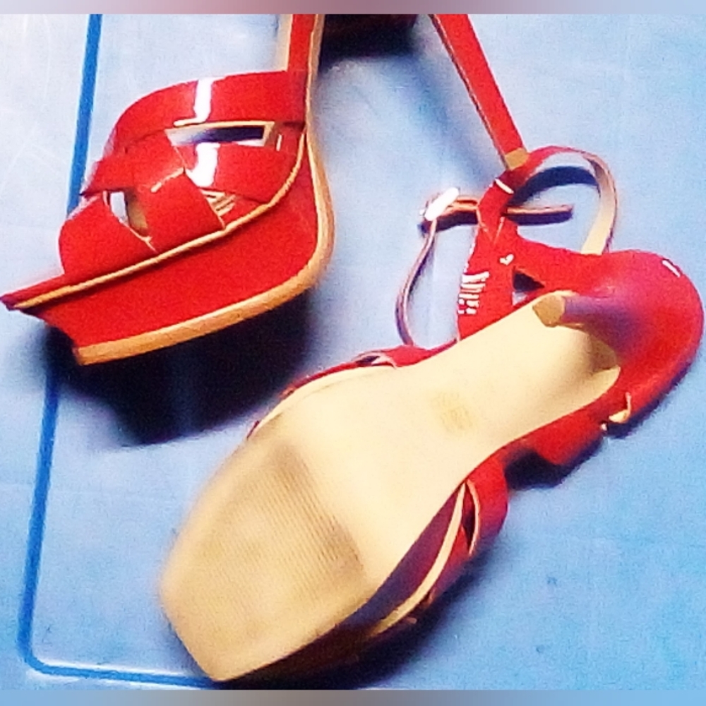 Gallery image 4 for OFFICE LONDON Red Patent Leather Strappy Platform Sandals