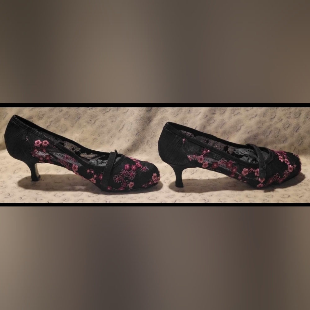 Gallery image 3 for Warren Edwards Mesh Kitten Heels w/Floral Embroidery