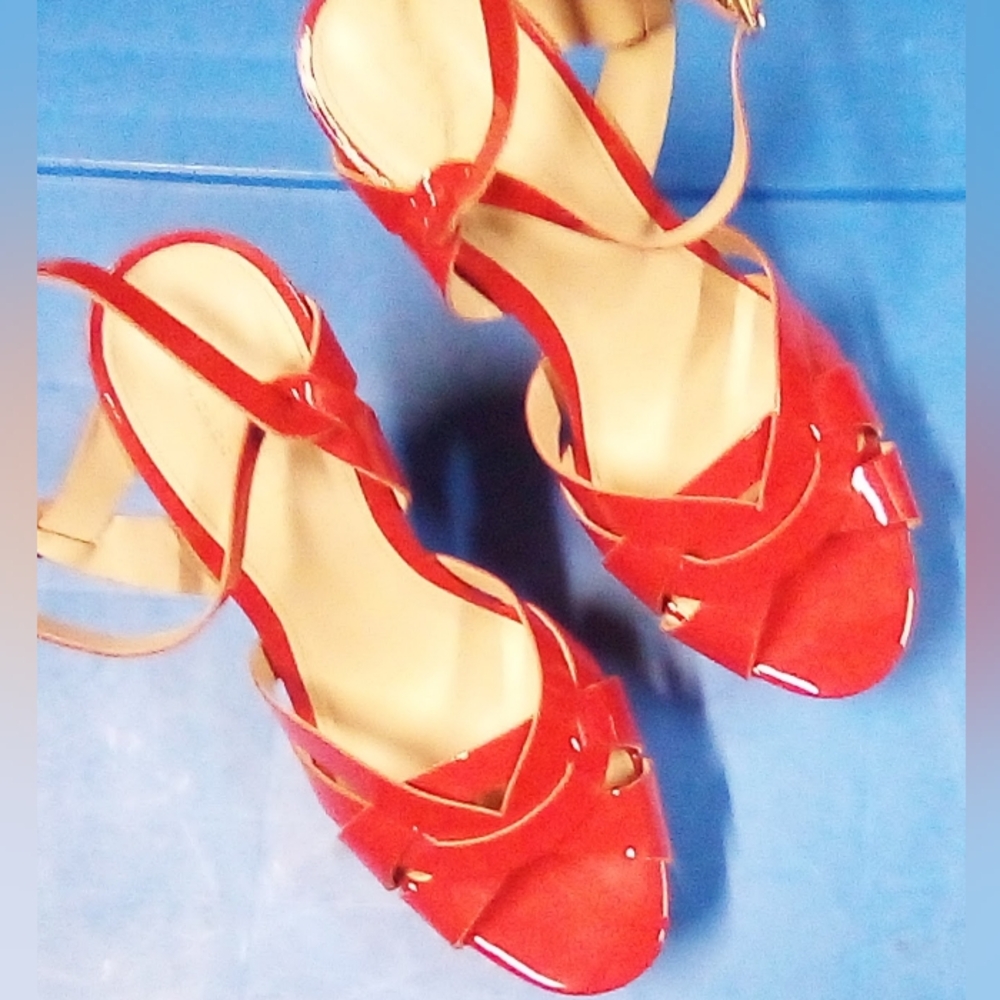 Gallery image 1 for OFFICE LONDON Red Patent Leather Strappy Platform Sandals